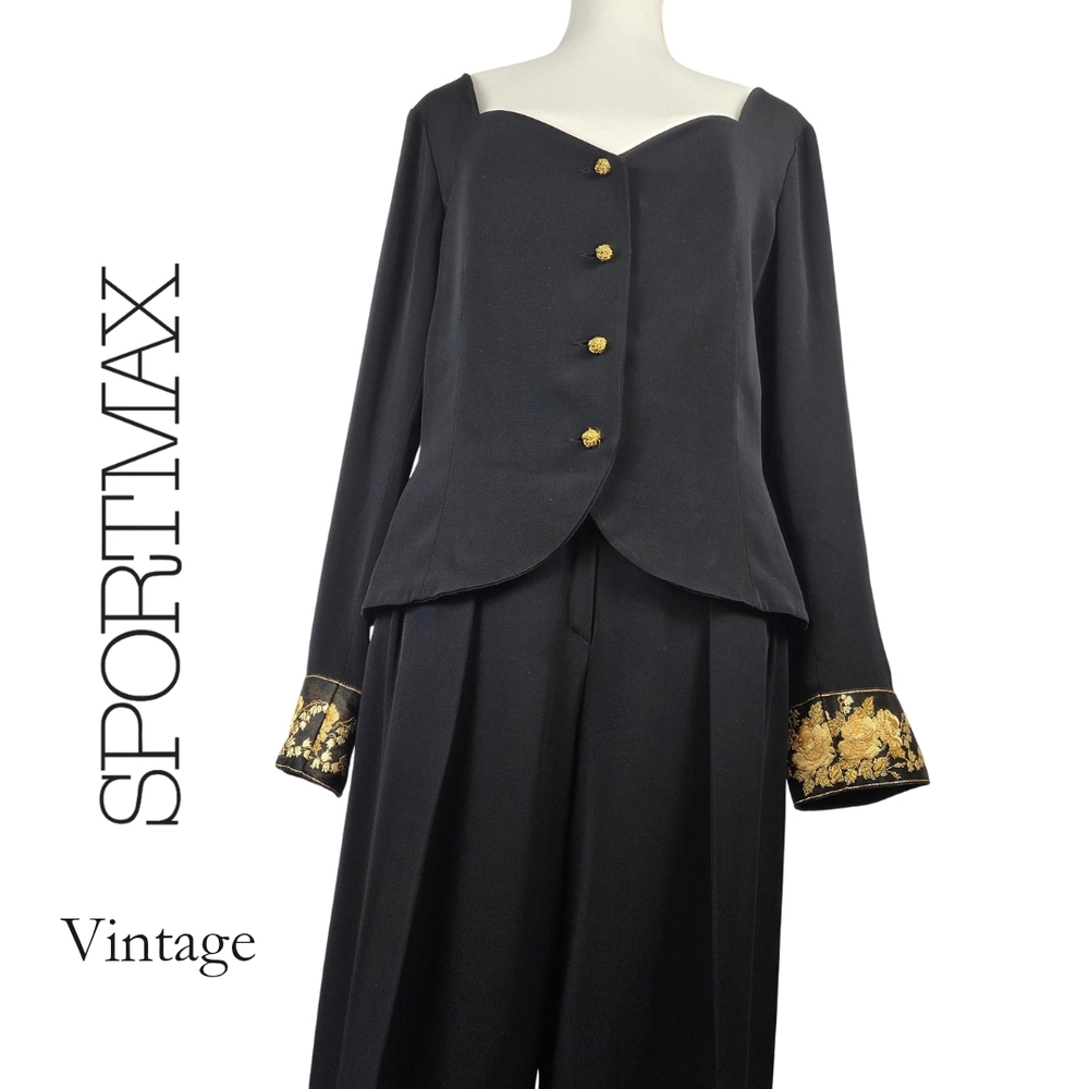 Vintage Sportmax Black Two-Piece Set with Gold Embroidered Cuffs